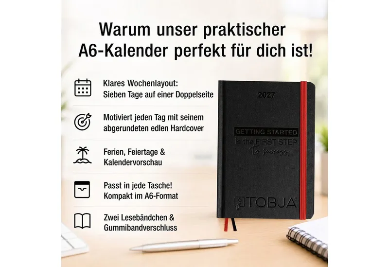 TOBJA Taschenkalender Taschenkalender 2027 A6 Schwarz Hardcover 1 Woche 2 Seiten FSC, Blindprägung, 2 Lesebändchen, Gummiband, FSC, A6, Schwarz, – Produktbild 2 von 5
