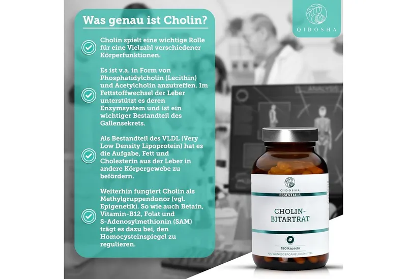 QIDOSHA Cholin als Cholin-Bitartrat Kapseln, 180 St., 135 g, Cholin-Bitartrat – Produktbild 4 von 5