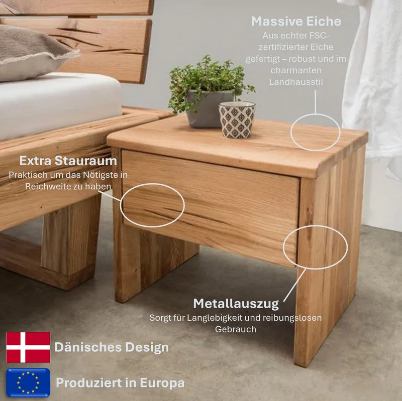OTTO home Nachtkonsole Ultima Balkenbett Doppelbett, Füße mit Kufenform, Massivholz, Skandinavisches Design, Robust, stabil, FSC zertifiziert, Beige, – Produktbild 1 von 8