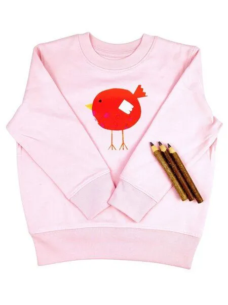 MelaDi Meladi Kinder Sweater aus Biobaumwolle - Roter Vogel auf Pink, Natural white, – Produktbild 1 von 7