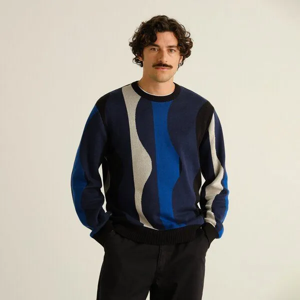Dedicated DEDICATED Herren Strickpullover Mora Wavy Stripe, Blau, – Produktbild 1 von 3