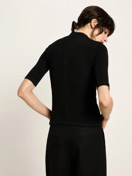 LANIUS LANIUS Halbarmshirt mit Stehkragen aus Bio-Merinowolle, Black (schwarz), – Produktbild 3 von 4