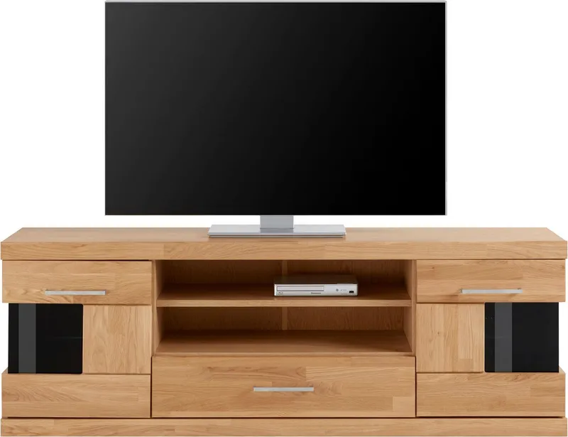 OTTO home Lowboard Ribe,160cm breit,55cm hoch,Oberplatte massiv, Korpus Holzwerkstoff,Glaseinsatz aus gehärtetem Glas,Böden versetzbar, Braun, – Produktbild 3 von 5