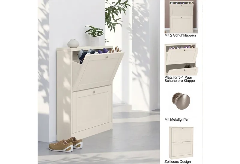 OTTO home Schuhschrank Heide Breite 70 cm, mit 2 Klappen und Facettenfront, Höhe ca. 90 cm, Weiß, – Produktbild 4 von 5