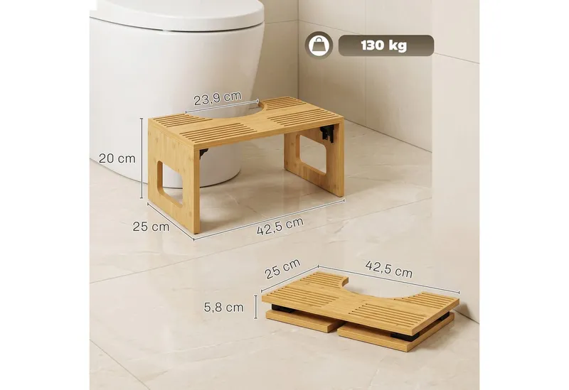 HOMCOM HOMCOM Badhocker Ergonomischer Toilettenhocker aus Bambus (Set, 1 St., 1er), klappbar, rutschfest, U-Aussparung, Beige, – Produktbild 3 von 5