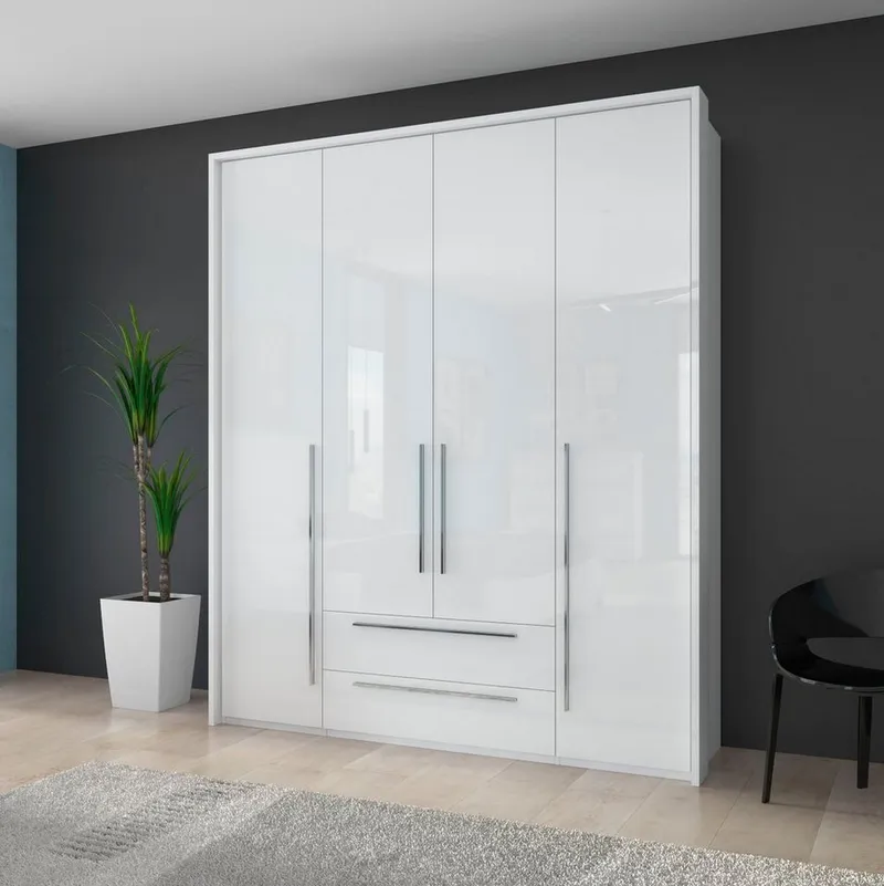 OTTO home Drehtürenschrank Piano, inklusive Rahmen und Beleuchtung, soft-close-Funktion (viele Breiten zur Auswahl, 226cm hoch, mit jeweils 2 Schubladen) beige oder weiß, UV lackiert, Hochglanzfronten, FSC-zertifiziert, Weiß, – Produktbild 2 von 8