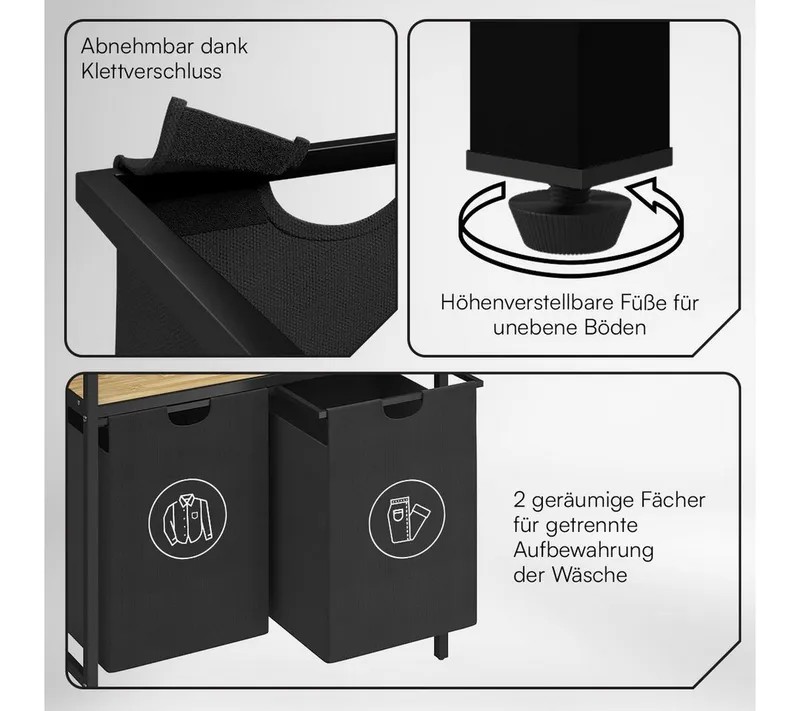 STEELSØN Wäschekorb Rigil aus Metall (2 Fächer (90 L) mit 1 Bambus-Ablage, schwarz), auch verfügbar mit 3 oder 4 Fächern, ausziehbar & abnehmbar, Schwarz, – Produktbild 3 von 5