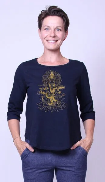 Peaces.bio - handbedruckte Biomode Peaces.bio - handbedruckte Biomode Bio-Damen-3/4 Arm Shirt Ganesha, Navy, – Produktbild 2 von 2