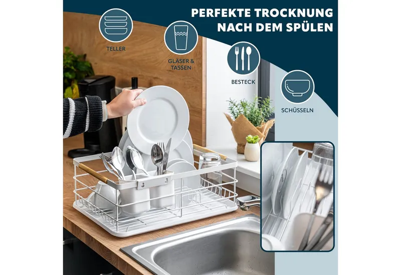 eluno Geschirrständer Metall-Abtropfgestell mit Abtropfschale für Geschirr mit Besteckhalter, Weiß, – Produktbild 3 von 5