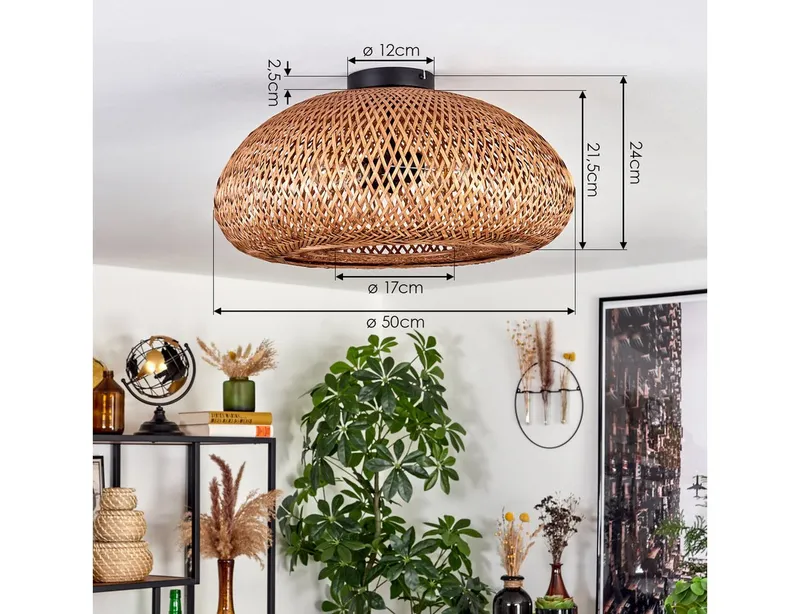 hofstein Deckenleuchte moderne Deckenlampe aus Metall/Bambus/Holz in Schwarz/Natur, ohne Leuchtmittel, Boho-Design Deckenleuchte,Lichteffekt, Ø50cm, 2xE27, ohne Leuchtmittel, Beige|schwarz, – Produktbild 4 von 5