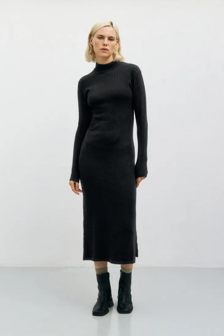 Rotholz Rotholz Damen vegan Kleid Mockneck Gerippt Schwarz, Schwarz, – Produktbild 2 von 2
