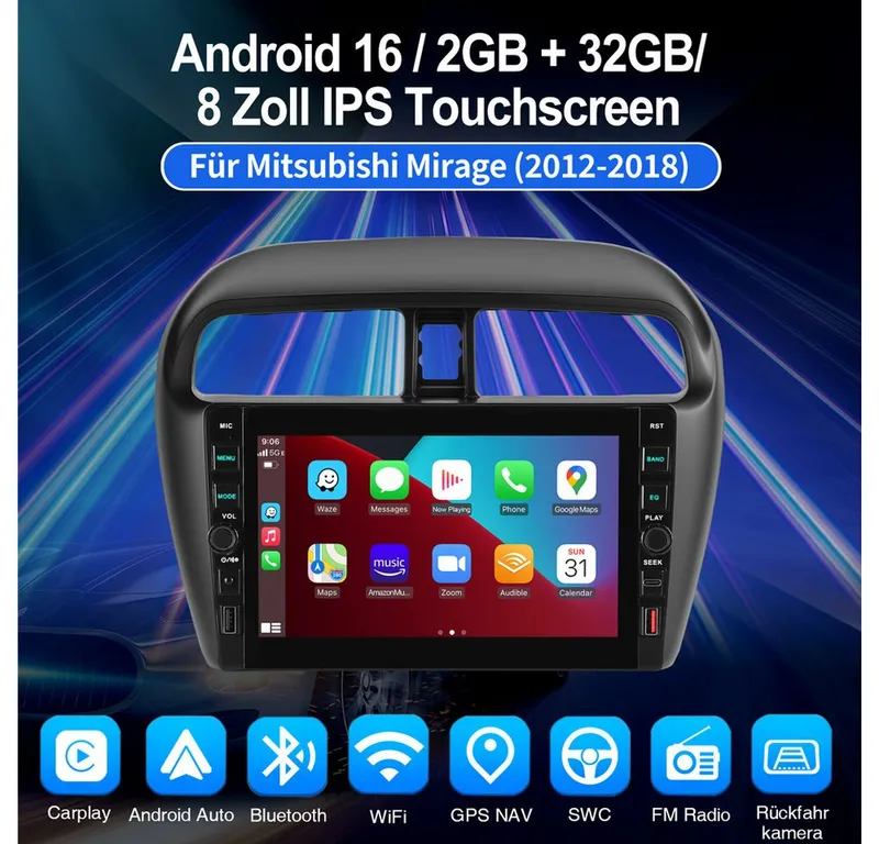 ESSGOO Für Mitsubishi Mirage Space Star Android 15 Navi Carplay Autoradio (RDS, Digitalradio (DAB), FM, AM), Schwarz, – Produktbild 2 von 5
