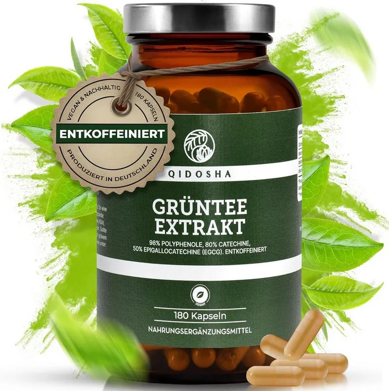 QIDOSHA Grüntee-Extrakt (entkoffeiniert) Kapseln, 1 er 180 St., 66.6 g, 98 % Polyphenole und 50 % EGCG – Produktbild 2 von 5