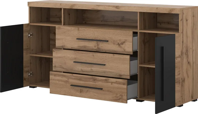 OTTO home Sideboard Roger,Breite 182cm, stilvolle Schrank, 2 Holztüren 3 Schubladen, Kommode mit viel Stauraum, Einlegeböden verstellbar, Beige|schwarz, – Produktbild 4 von 5