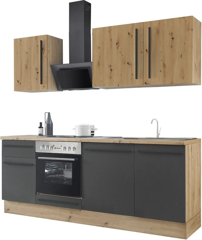 KOCHSTATION Küchenzeile Florida mit 38mm starker Arbeitsplatte, Breite 220 cm, wahlweise mit E-Geräten, Soft-Close-Funktion, Schwarz, – Produktbild 4 von 5