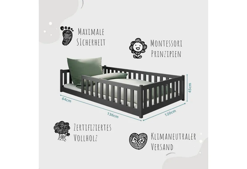 Kids Collective Kinderbett Bodenbett Bett mit Rausfallschutz & Lattenrost Montessori Bett Kinder (Jungen, Mädchen, Kinder, weitere Größen 80x160, 80x180, 90x190, 90x200, 140x200 cm), Jugendbett Gitterbett Einzelbett mit Matratze, Graphit 120x200 cm, Grau, – Produktbild 5 von 5