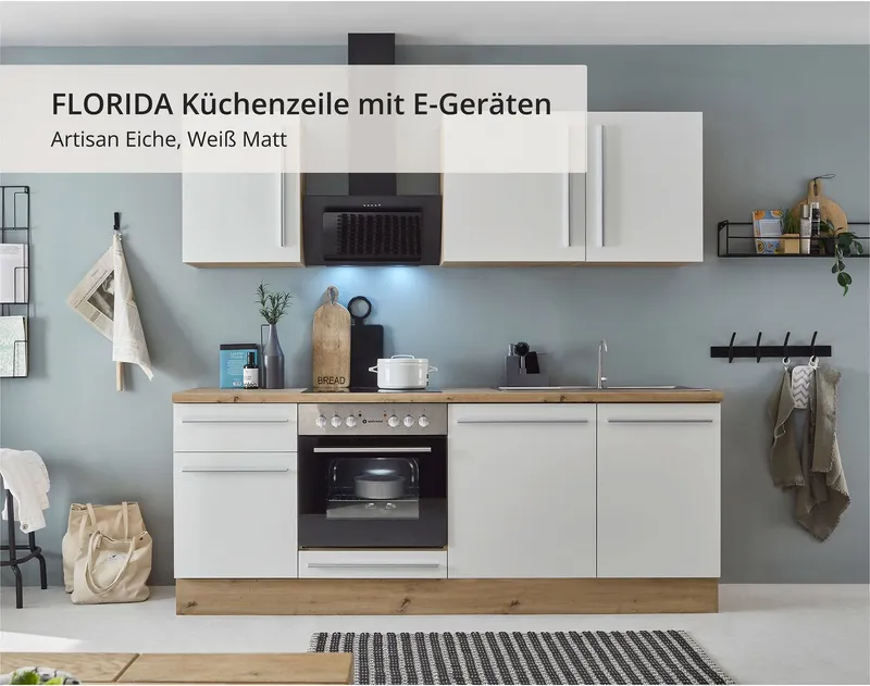 KOCHSTATION Küchenzeile Florida mit 38mm starker Arbeitsplatte, Breite 220 cm, wahlweise mit E-Geräten, Soft-Close-Funktion, Weiß, – Produktbild 1 von 5