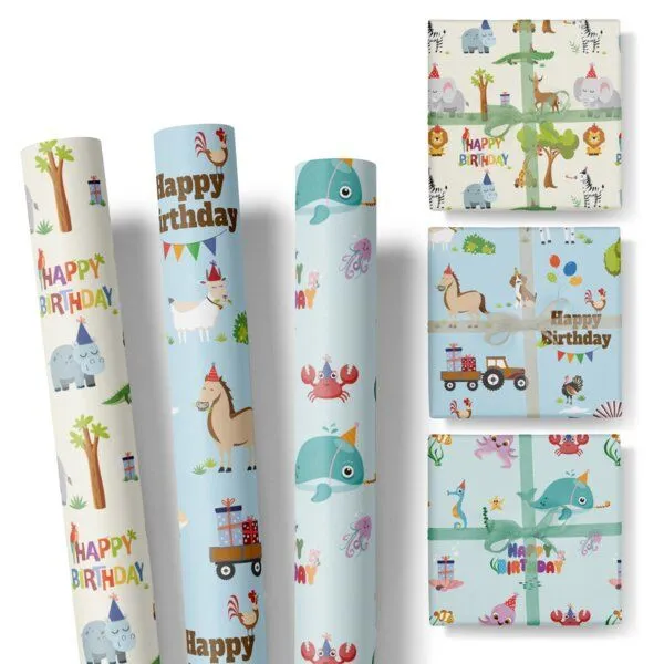 Fines Papeterie Fines Papeterie 3x 3m Geschenkpapier Happy Birthday Zoo Set für Kinder 3 Rollen je 300x47 cm mit lustigen Tieren Bauernhof Safari Meer – Produktbild 1 von 4