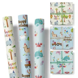 Fines Papeterie Fines Papeterie 3x 3m Geschenkpapier Happy Birthday Zoo Set für Kinder 3 Rollen je 300x47 cm mit lustigen Tieren Bauernhof Safari Meer – Produktbild 1 von 1