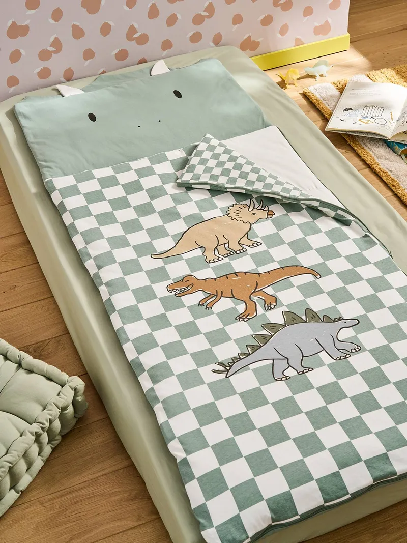 Vertbaudet Kinder Schlafsack DINO mit 3D-Elementen, Grün kariert, – Produktbild 2 von 4