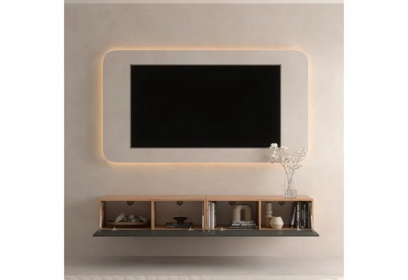 Planetmöbel TV-Schrank West TV-Board, Fernsehtisch 200 cm lang, TV-Lowboard (für Fernseher bis 55 Zoll, TV Schrank viel Stauraum, 2-St., sideboard hängend, Fernsehschrank 2x 100 x 30 x 37,5 cm) gold eiche, Braun, – Produktbild 5 von 5