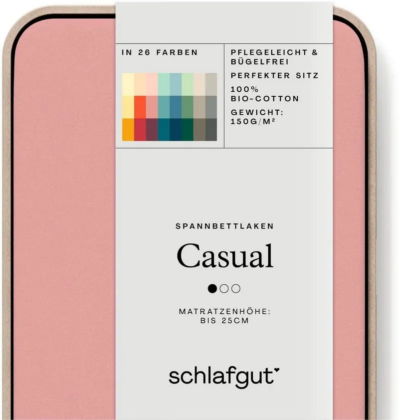 Schlafgut Schlafgut Spannbettlaken CASUAL Bettlaken 100% gekämmte Bio-Baumwolle, 150 g/m², Spannbetttuch, Jersey, Gummizug: rundum, (1 Stück), Bettlaken bis 25 cm Höhe, langlebig, weich, Antipilling-Ausrüstung, Rosa, – Produktbild 3 von 5