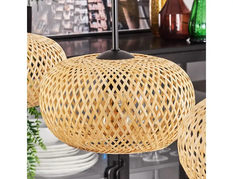 hofstein Hängeleuchte moderne Pendellampe aus Metall/Bambus in Schwarz/Natur, ohne Leuchtmittel, Gitterschirm Leuchte (25cm), Lichteffekt, 3 x E27, ohne Leuchtmittel, Beige|schwarz, – Produktbild 3 von 5