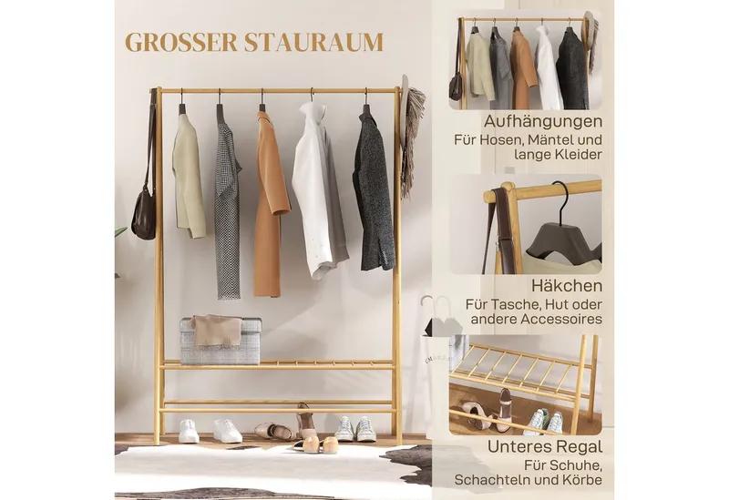 HOMCOM HOMCOM Garderobenständer Kleiderstange, Garderobe aus Bambus, Ausstellungen, Waschküche, (Kleiderbügel, 1 St., Kleiderständer), für Flur, Wohnzimmer Schlafzimmer, 116 x 43,5 x 160 cm, Beige, – Produktbild 4 von 5