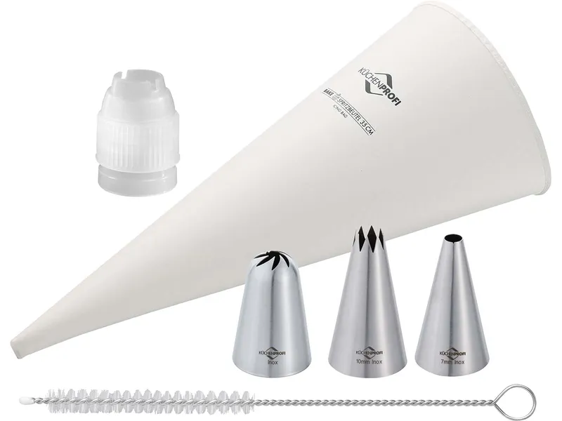 Spritzbeutel-Set mit 3 Edelstahl-Tüllen, Spritzbeutel 35 cm, Reinigungsbürste – Produktbild 1 von 1