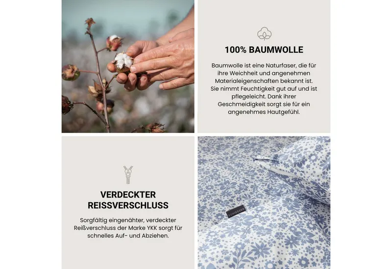 Schiesser Schiesser Bettwäsche Flower aus weicher Baumwolle mit verspieltem Blumenmuster, Renforcé, 2 teilig, OEKO-TEX® MADE IN GREEN, Blau, – Produktbild 3 von 5