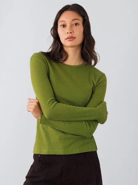 Honest Basics Honest Basics Damen Geripptes Langarmshirt aus Bio- und recycelter Baumwolle, Oliv, – Produktbild 1 von 4