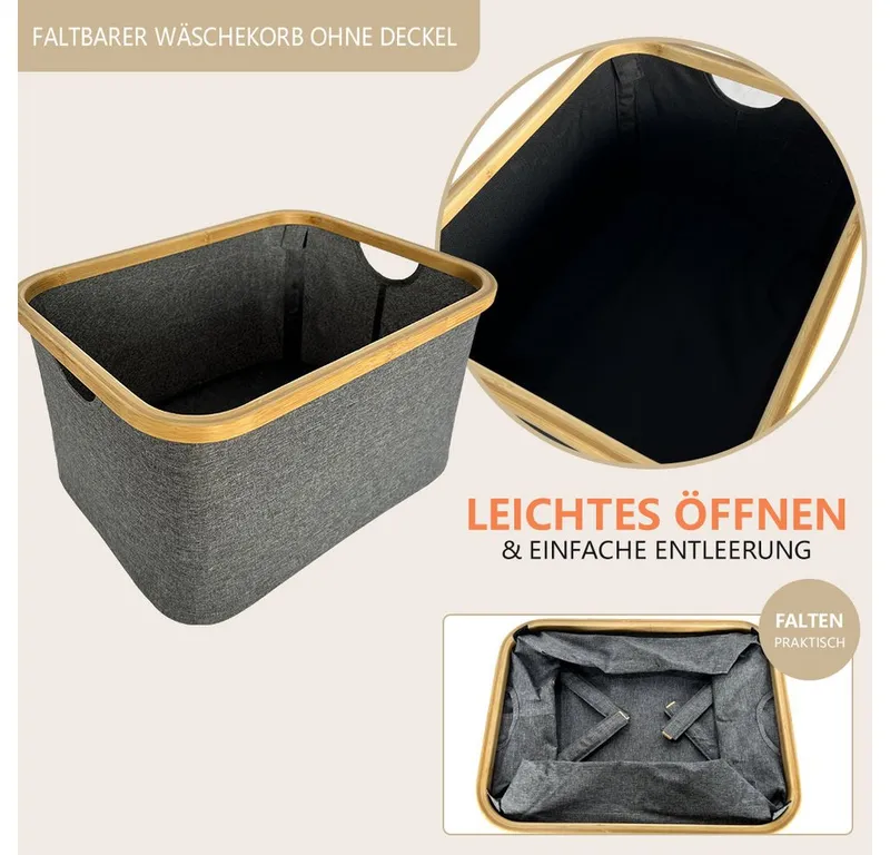 WAOHO Wäschekorb Wäschekorb faltbar Bambus Aufbewahrungskorb Aufbewahrung 40L, Grau, – Produktbild 5 von 5