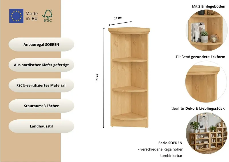 OTTO home Anbauregal Soeren Abschlussregal Höhen 97 bzw. 220 cm, aus massiver Kiefer, passend für Tiefe 29 cm, FSC®-zertifiziert, Beige, – Produktbild 3 von 8