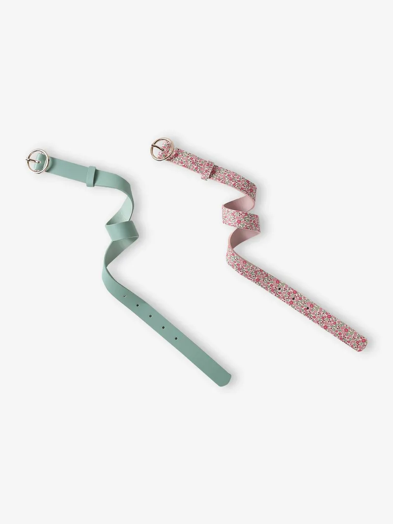 Vertbaudet 2er-Pack Mädchen Gürtel mit runder Metallschnalle, Pack grün+rosa geblümt, – Produktbild 1 von 3