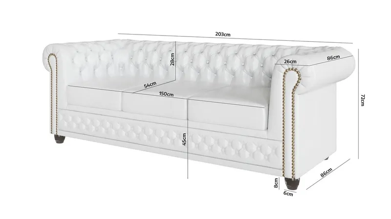 S-Style Möbel Chesterfield-Sofa Jeff 3-Sitzer aus veganem Leder mit Holzfüßen, Mit Wellenfederung, Weiß, – Produktbild 5 von 5