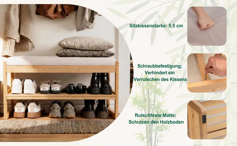 Zedelmaier Schuhbank mit Sitzbank Schuhregal mit Sitzbank (incl. seat cushion), inkl. Sitzkissen, für Schlafzimmer/Esszimmer/Flur, Beige|grau, – Produktbild 3 von 5