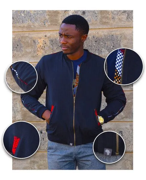 Africulture Africulture Bomberjacke für Männer aus Kenianischem Kikoy und Westafrikanischem Kitenge Stoff, Schwarz, – Produktbild 3 von 3