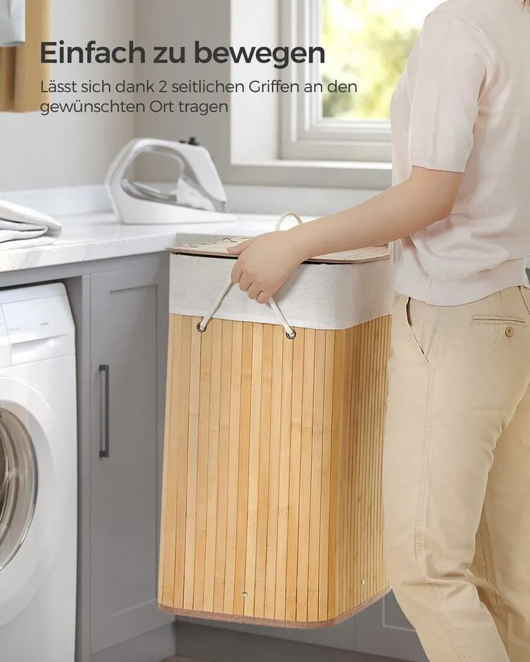 SONGMICS SONGMICS Wäschekorb mit Deckel, Wäschesammler aus Bambus, faltbar, für Waschküche, 72 Liter, Wäschesack herausnehmbar und maschinenwaschbar, 40x30x61 cm, Beige, – Produktbild 5 von 5