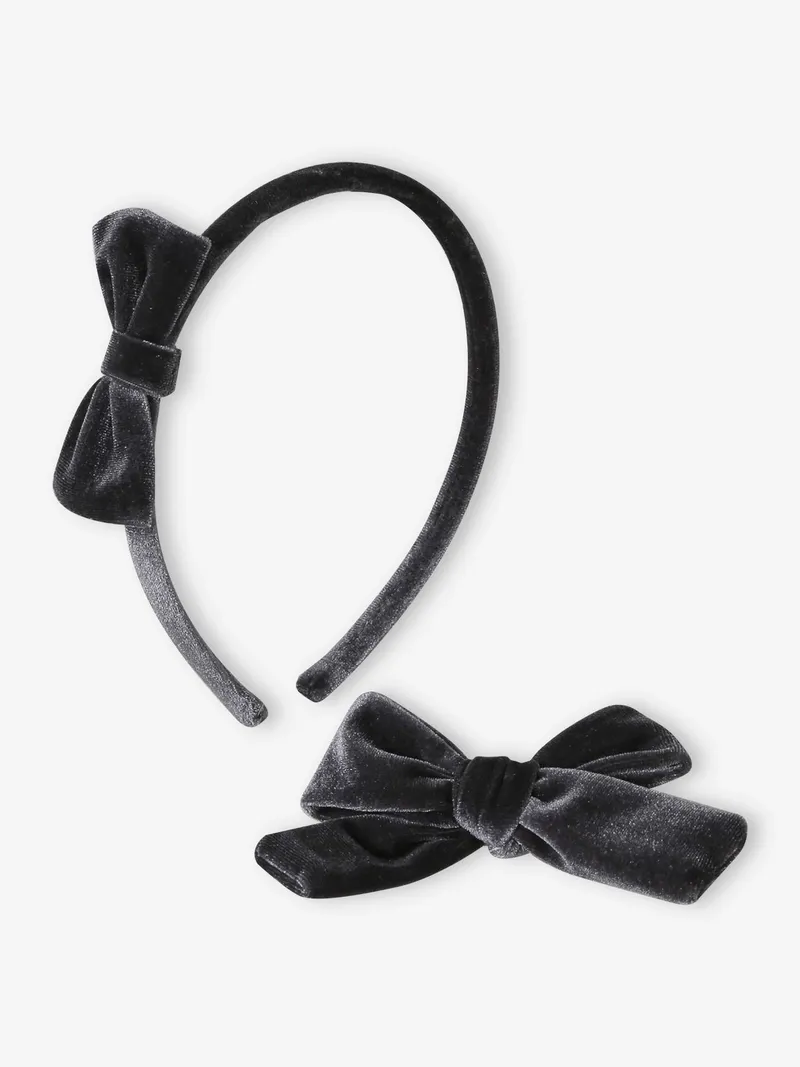 Vertbaudet Mädchen Accessoires: Haarreif & Haarspange aus Samt, Anthrazit, – Produktbild 1 von 4