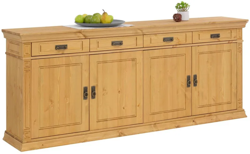 OTTO home Sideboard Vinales, Kommode, 4 Schubkästen, 4 Türen, 4 Fächer (B/T/H:202/39/83 cm), Massivholz, Messinggriffe im Jugendstil, Zierleisten, eleganter Sockel, Beige, – Produktbild 5 von 5