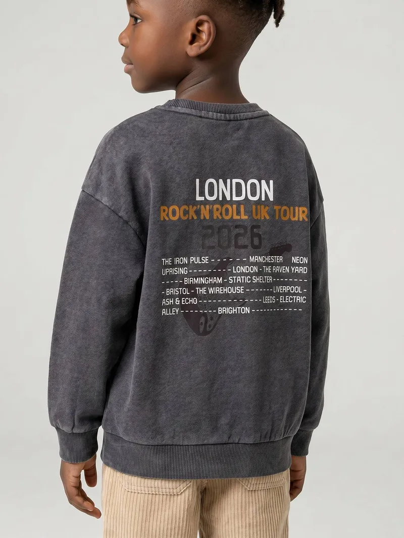 Vertbaudet Jungen Sweatshirt in Used-Look Rock-N-Roll UK Tour, Schiefergrau, – Produktbild 3 von 4