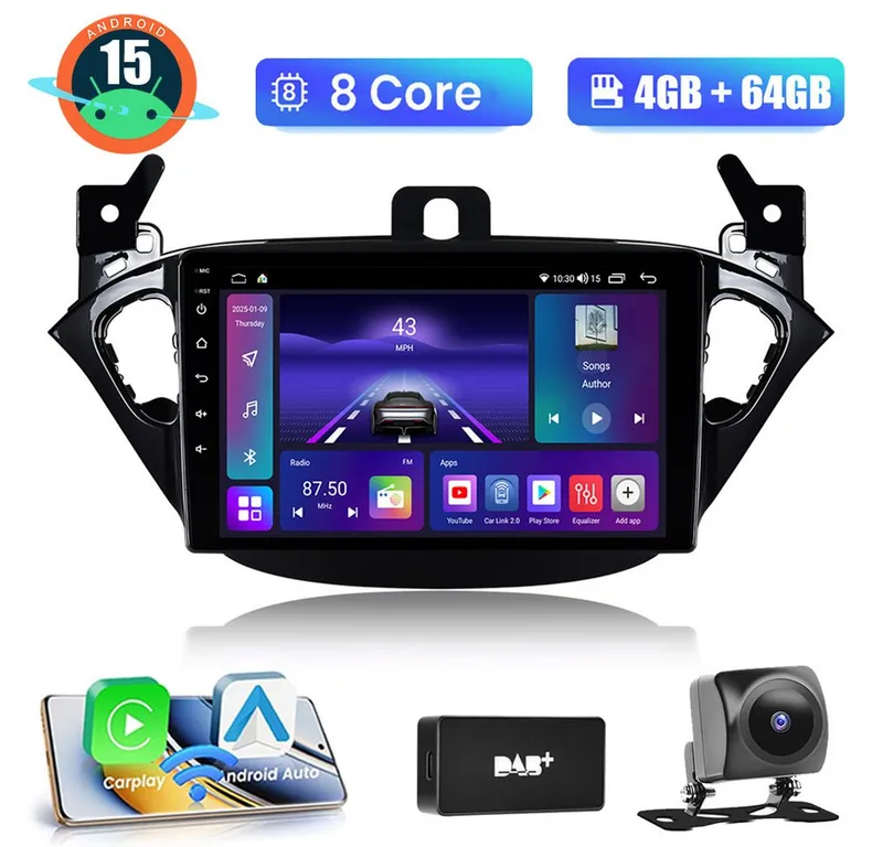 A-Sure 9" Für Opel Corsa E 2015-2019 4+64G Carplay WiFi GPS Navi Bluetooth5.0 Autoradio (RDS, Digitalradio (DAB), FM, AM, 1280*800 IPS Screen/8-Core CPU) – Produktbild 1 von 5