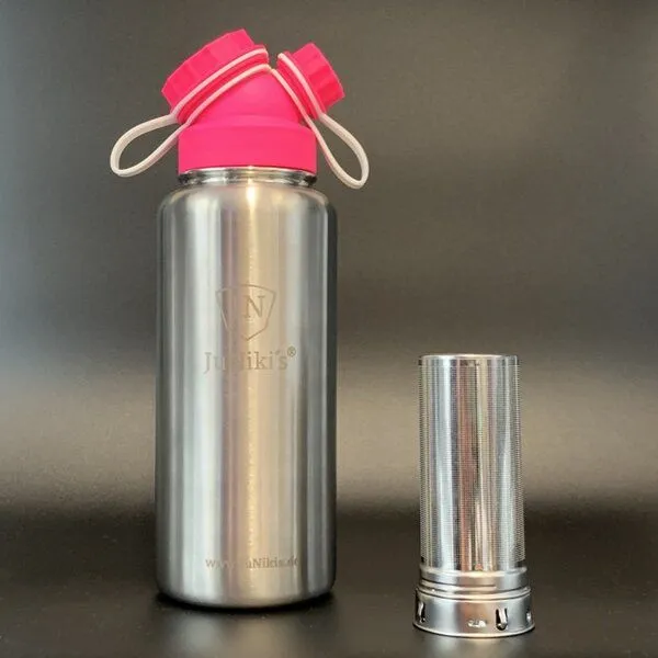 JN JuNiki's JN JuNiki's eco line isolierte Edelstahl Trinkflasche 1000ml Pink/Weiss + Teefilter – Produktbild 1 von 2