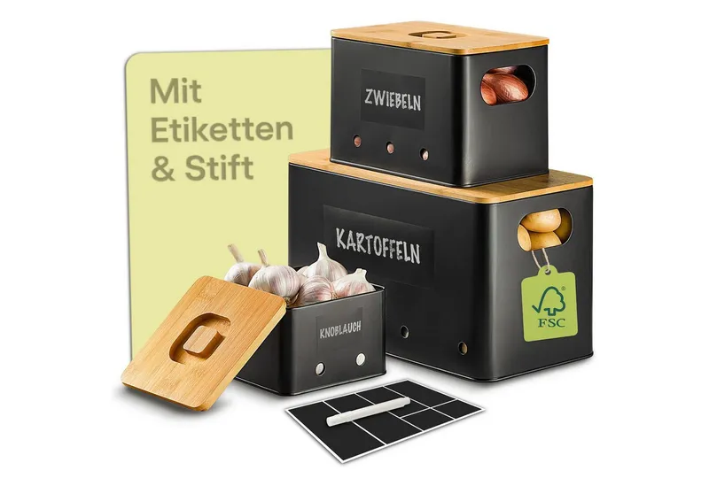 Praknu Vorratsdose Kartoffel Aufbewahrungsbox 3er Set - Mit Belüftung für längere Frische, Eisen, FSC® Bambus, (Aufbewahrungsbox-Set, 7-tlg., 3 Boxen inkl. Zubehör), Stapelbar, Mit FSC® Bambusdeckel, Mit Etiketten & Stift, Schwarz, – Produktbild 1 von 5