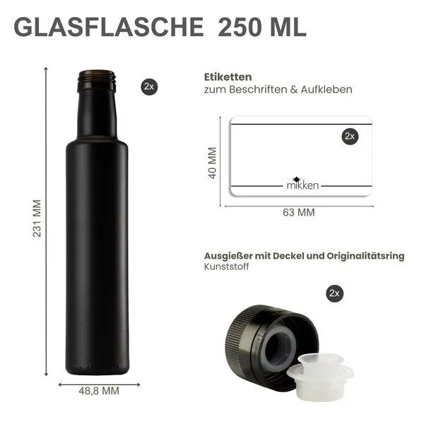 mikken mikken 2x Ölflasche 250 ml 500 ml matt schwarz runde Dosierflasche mit Ausgießer 2 Etiketten – Produktbild 5 von 7