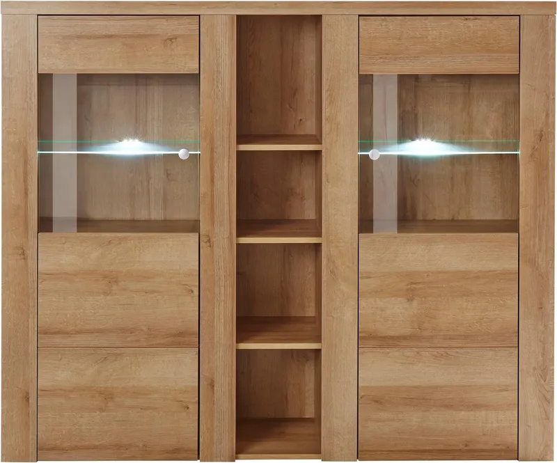 OTTO home Highboard Larona, zeitlose Hochkommode mit 2 Türen, Türkommode, Höhe 129,5 cm, Anrichte mit dekorative Rahmenoptik, Türen mit Glaseinsatz, Beige, – Produktbild 3 von 4