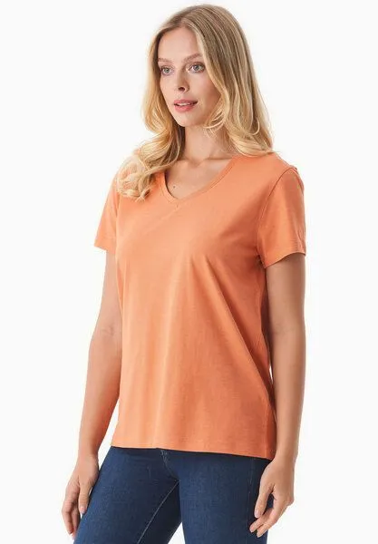 ORGANICATION ORGANICATION Damen Basic T-Shirt aus Bio-Baumwolle mit V-Ausschnitt, Dusty orange, – Produktbild 4 von 4
