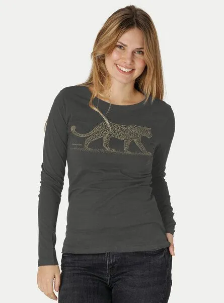 Peaces.bio - handbedruckte Biomode Peaces.bio - handbedruckte Biomode Bio-Damen-Langarmshirt Leopard, Graphitgrau, – Produktbild 1 von 2