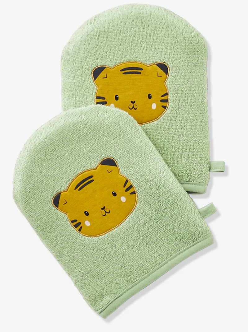 Vertbaudet 2er-Pack Baby Waschhandschuhe, Grün tiger, – Produktbild 1 von 2