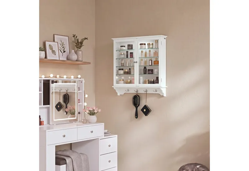 SoBuy Hängevitrine FSB114-E, Wandvitrine mit Sensor-LED-Licht, schmaler Hängeschrank (1er Set) Sammlervitrine mit 2 Glastüren, 4 verstellbaren Glasböden und 4 Haken, Weiß, – Produktbild 2 von 5